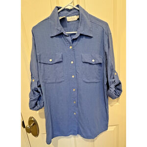 VTG Kathy Che Blue Button Up Blouse women’s 10 - Roll Tab Sleeves - Linen